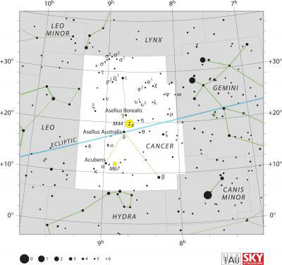 star map for the constellation Cancer and the 55 Cancri system