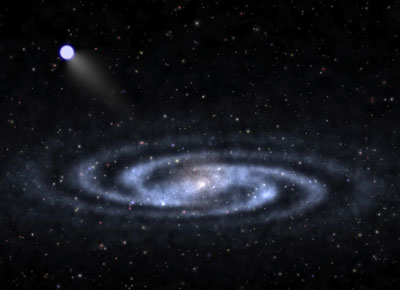 a hypervelocity star speeding away from the visible part of a spiral galaxy