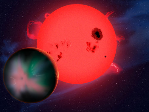a hypothetical alien world orbiting a red dwarf star