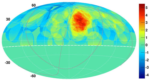 This map of the northern sky shows cosmic ray concentration