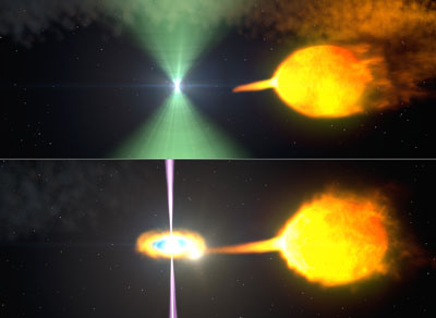 split image showing changes in a binary pulsar system