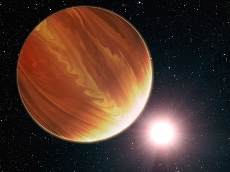 an artistic illustration of the gas giant planet HD 209458b in the constellation Pegasus