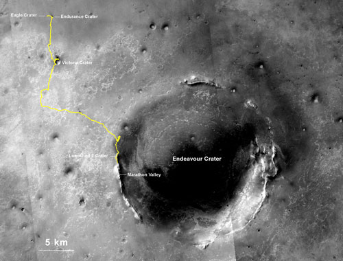  Opportunity's route from the landing site inside Eagle Crater (upper left) to its location after the July 27 (Sol 3735) driv