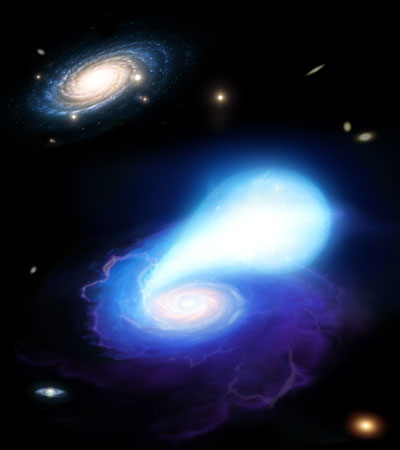 white dwarf star (the stretched object right of centre) being dragged on to a neutron star