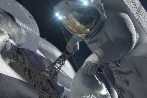 astronaut retrieving a sample from the captured asteroid