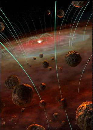 Artist depiction of a protoplanetary disk consisting of a central star surrounded by a gas cloud permeated by magnetic fields