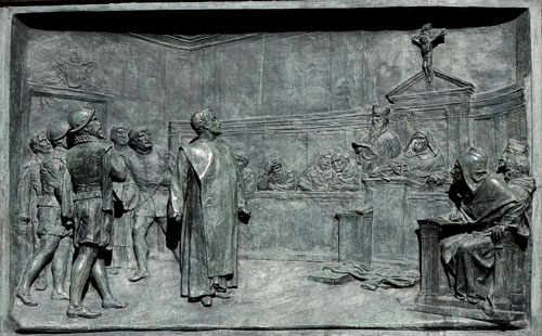 Bronze relief depicting Giovanni Bruno’s trial by the Roman Inquisition