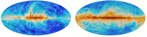Images of the polarization of synchrotron emission (left) and of the emission from interstellar dust (right)