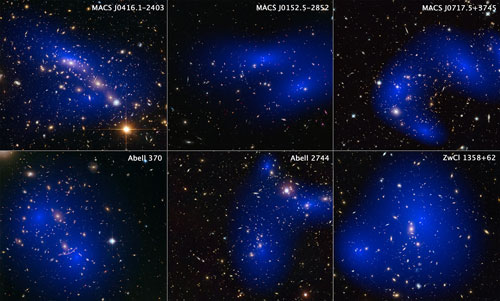 This collage shows images of six different galaxy clusters taken with NASA's Hubble Space Telescope