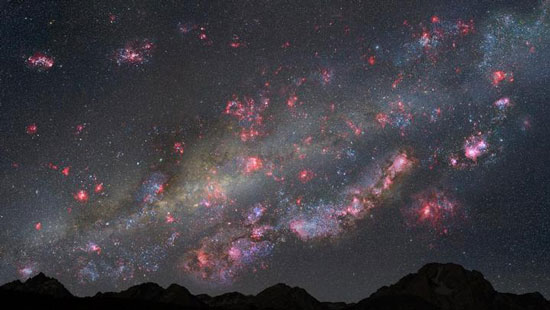 night sky from a hypothetical planet within a young Milky Way-like galaxy