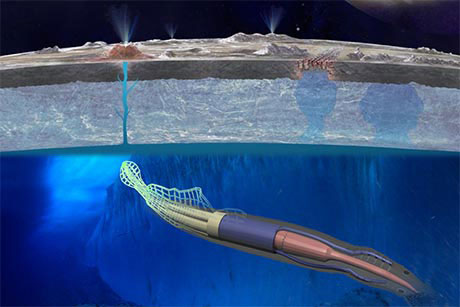 An artist's rendering depicts a soft robotic rover, resembling a squid or lamprey, that can swim though oceans