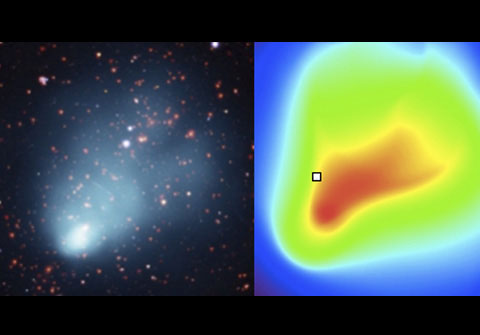 An image comparing the data showing the many galaxies and the X-ray emission from the hot gas (left) with the model of the hot gas (right)