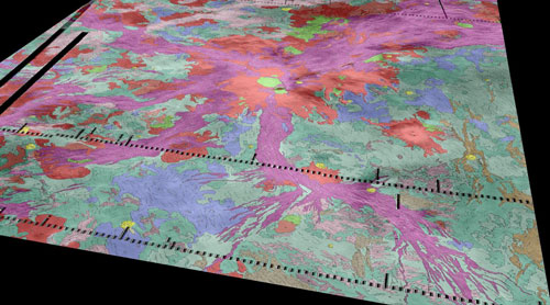 perspective view of the geology of Venus superposed on topography