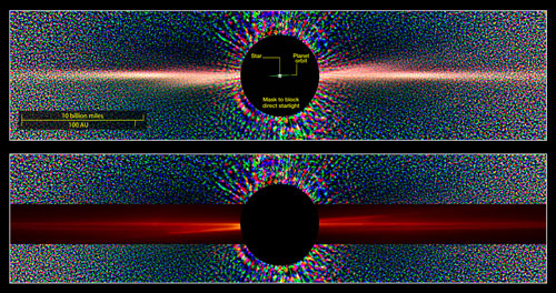These images compare a view of Beta Pictoris in scattered light as seen by the Hubble Space Telescope (top) with a similar view constructed from data in the SMACK simulation