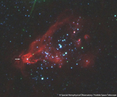 Multi-color optical image around the ULX X-1 (indicated by the arrow) in the dwarf galaxy Holmberg I