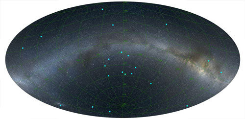 An image of the distribution of GRBs on the sky at a distance of 7 billion light years