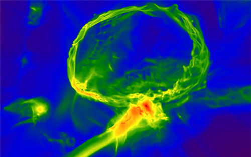 A simulation of the first stars in the Universe, showing how the gas cloud might have become enriched with heavy elements