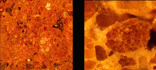 Microscopy images show how much smaller the particle sizes are in the Martian concrete (left) compared to the conventional sulfur concrete