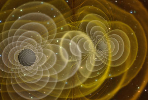 A simulation of two merging black holes, creating gravitational waves