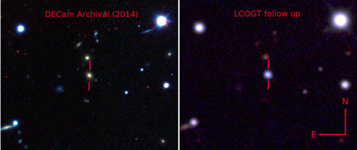 The yellow-orange host galaxy (left) before the supernova, and afterwards