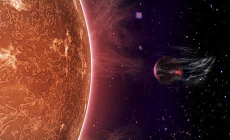 The artist’s impression shows how the atmosphere of a planet is “blown” into space by the intense radiation of its sta