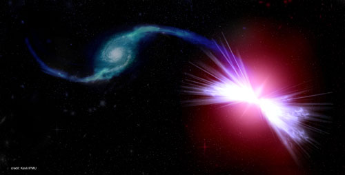An artist’s rendition of the galaxies Akira (right) and Tetsuo (left) in action