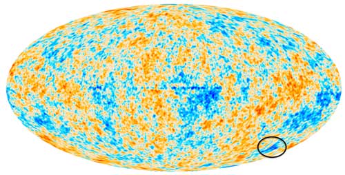 The cosmic microwave background over the whole sky, with the unusual ‘Cold Spot’ feature circled at the lower right