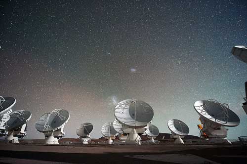 The Atacama Large Millimeter submillimeter Array ALMA by night under the Magellanic Clouds*