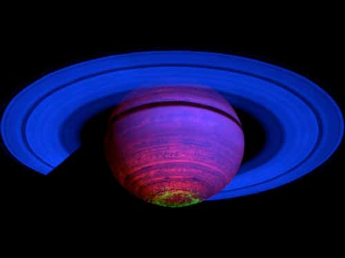 False-color image showing aurora at south pole of Saturn