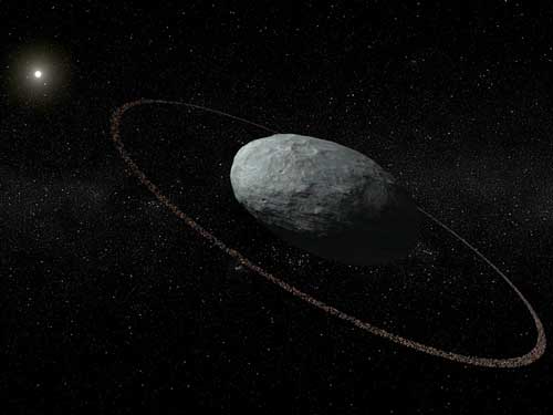 Artistic concept of Haumea and its ring system with correct proportions for the main body and the ring