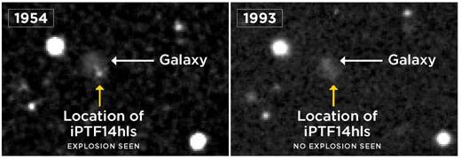 An image taken by the Palomar Observatory Sky Survey reveals a possible explosion in the year 1954 at the location of iPTF14hls (left), not seen in a later image taken in 1993
