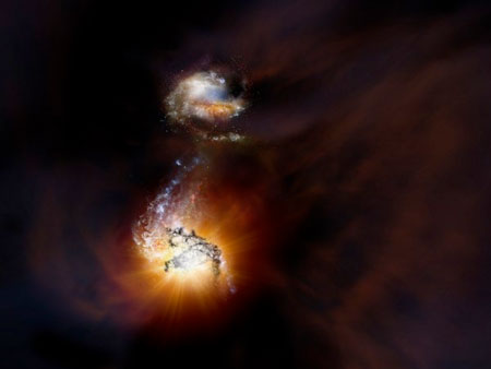 Artist impression of two starbursting galaxies beginning to merge in the early universe