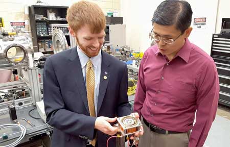 Ethan Hopping, and professor Dr. Gabe Xu partnered to design and test a Hall-effect thruster with a 3-D printed channel and propellant distributor