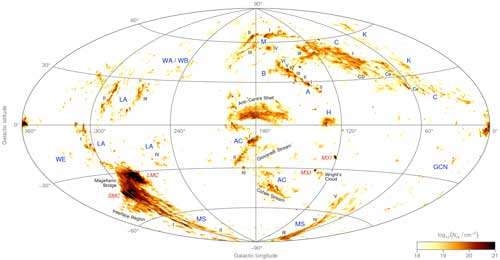 An all-sky map showing the location and column density of neutral hydrogen gas belonging to the high-velocity clouds of the Milky Way and two neighbouring galaxies, the Large and Small Magellanic Clouds