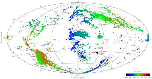 An all-sky map showing the radial velocity of neutral hydrogen gas belonging to the high-velocity clouds of the Milky Way and two neighbouring galaxies, the Large and Small Magellanic Cloud