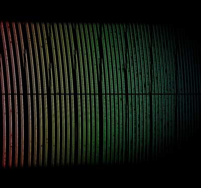 This colorful image shows spectral data from the First Light of the ESPRESSO instrument on ESO's Very Large Telescope in Chile