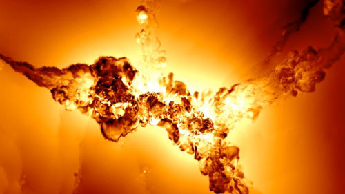 Rendering of the gas velocity in a thin slice of 100-kiloparsec thickness