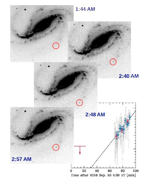 sequence of combined images as SN 2016gkg appears and brightens in the outskirts of the spiral galaxy NGC 613