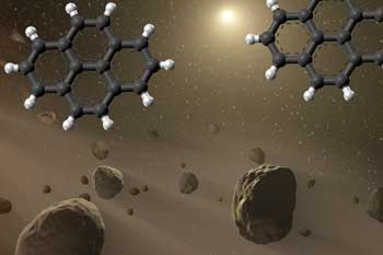 the atomic structure of pyrene molecules (upper left and upper right) are represented in an artist’s rendering of an asteroid belt