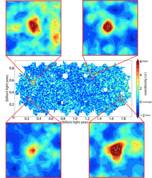 Galaxy distribution and close-ups of some protoclusters