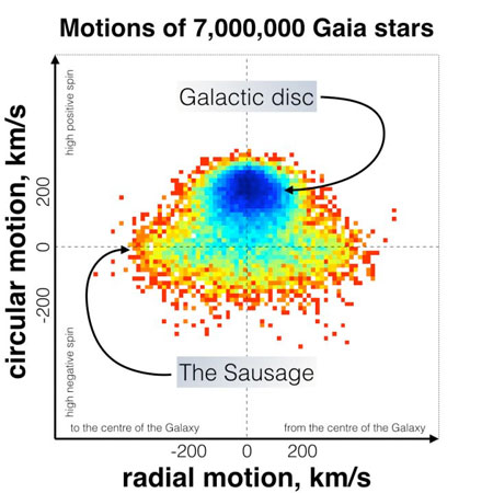 When looking at the distribution of star velocities in the Milky Way, the stars of the Sausage galaxy form a characteristic sausage-like shape