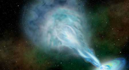 artist's conception of a radio jet spewing out fast-moving material from a quasar