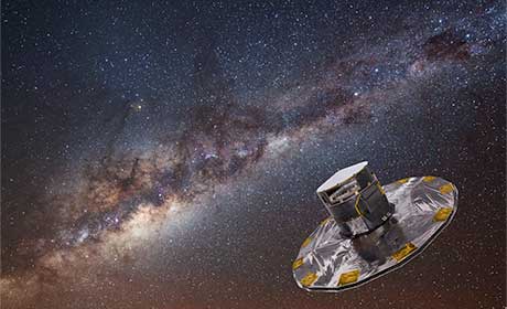 Artistic depiction f the Gaia satellite against the backdrop of the Milky Way