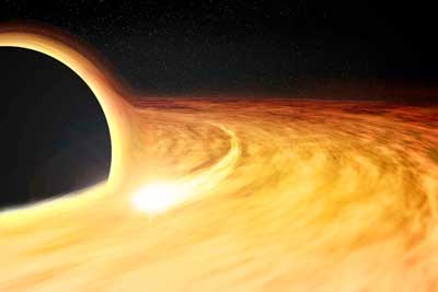 artist's impression shows hot gas orbiting in a disk around a rapidly-spinning black hole