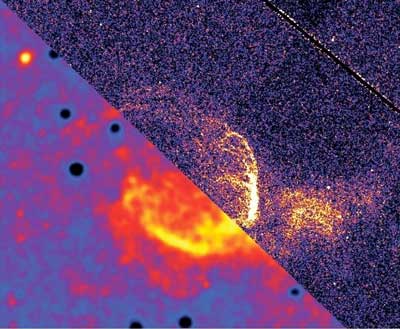 A composite image of Liverpool Telescope data (bottom left) and Hubble Space Telescope data (top right) of the nova super-remnant. M31N 2008-12a is in the middle of the image
