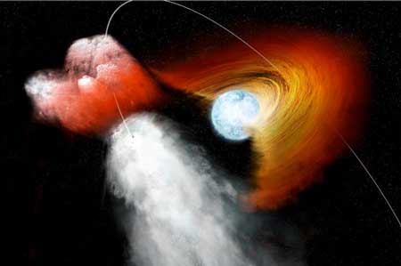 Illustration of a high-mass X-ray binary system made up of a compact, incredibly dense neutron star paired with a massive 'normal' supergiant star