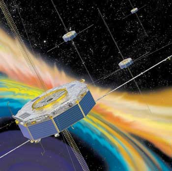 illustration of the MMS spacecraft measuring the solar wind plasma