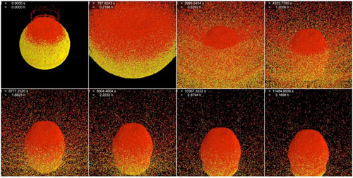 frame-by-frame showing how gravity causes asteroid fragments to reaccumulate in the hours following impact