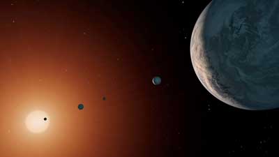 An artist's concept for a view of the TRAPPIST-1 system from near TRAPPIST-1f