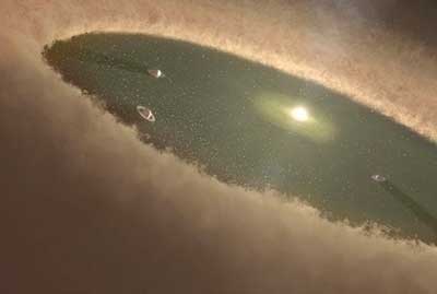 Artist's concept of young planetary system with gas giant planets and a remnant protoplanetary disk